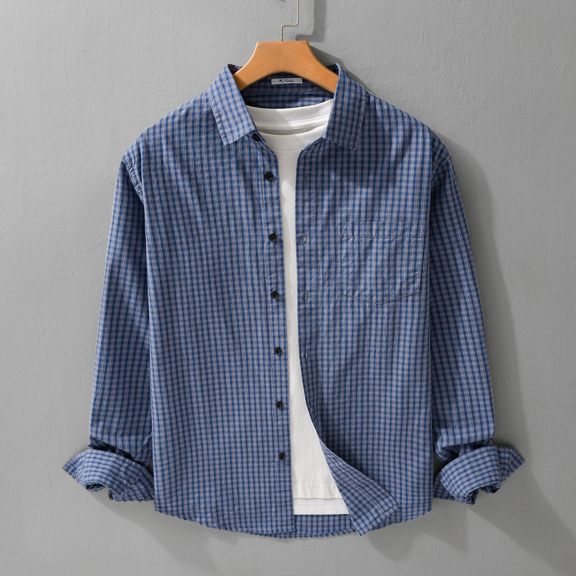 Men's Micro-Check Cotton Shirt in Casual Layering Style with Chest Pocket Mune Fashion
