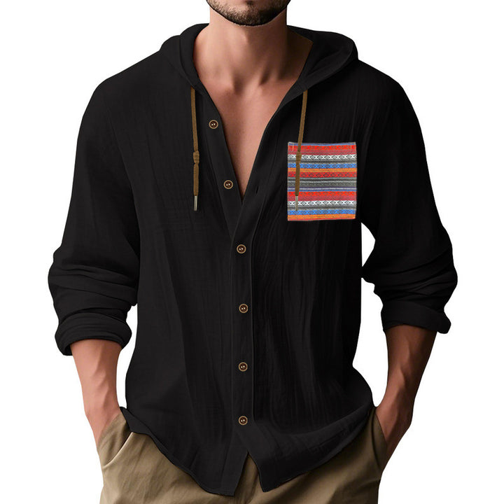 Men's lightweight hooded shirt jacket made of structured cotton blend with ethnic chest pocket and button placket Mune Fashion