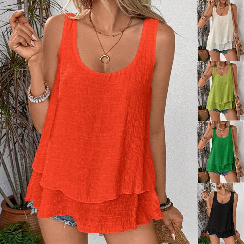 Women's Casual Layered Linen Look Top with Wide Round Neckline Mune Fashion