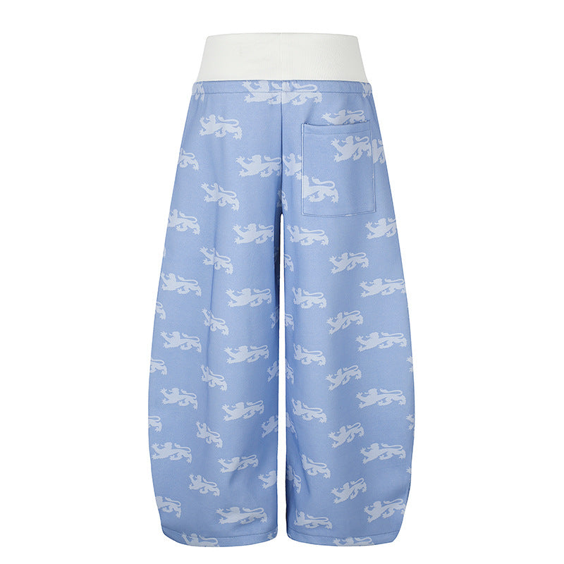 Women's Wide Culotte Palazzo Sweatpants with High Ribbed Waistband, Drawstring and Heraldic Coat of Arms Print Mune Fashion