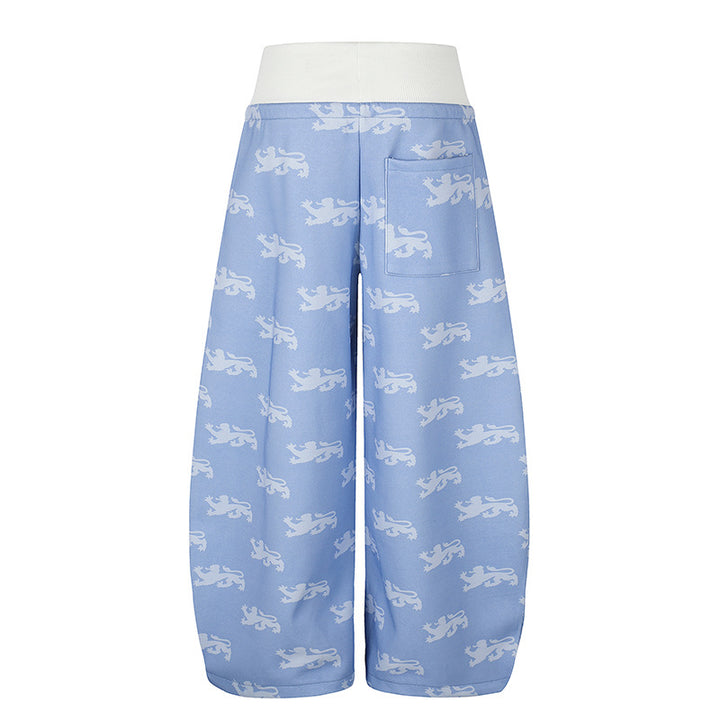 Women's Wide Culotte Palazzo Sweatpants with High Ribbed Waistband, Drawstring and Heraldic Coat of Arms Print Mune Fashion