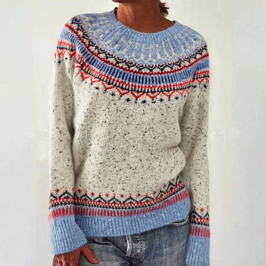 Women's gray marled round neck sweater with circular jacquard yoke and ribbed hem Mune Fashion