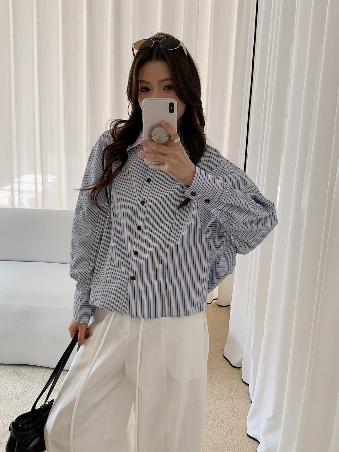 Women Oversized Shirt Blouse with Striped Pattern and Balloon Sleeves Mune Fashion