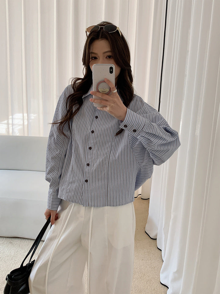 Women Oversized Shirt Blouse with Striped Pattern and Balloon Sleeves Mune Fashion