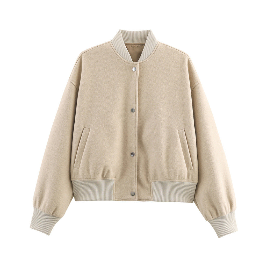Ladies short boxy bomber jacket with ribbed collar, snap button closure, and pockets Mune Fashion