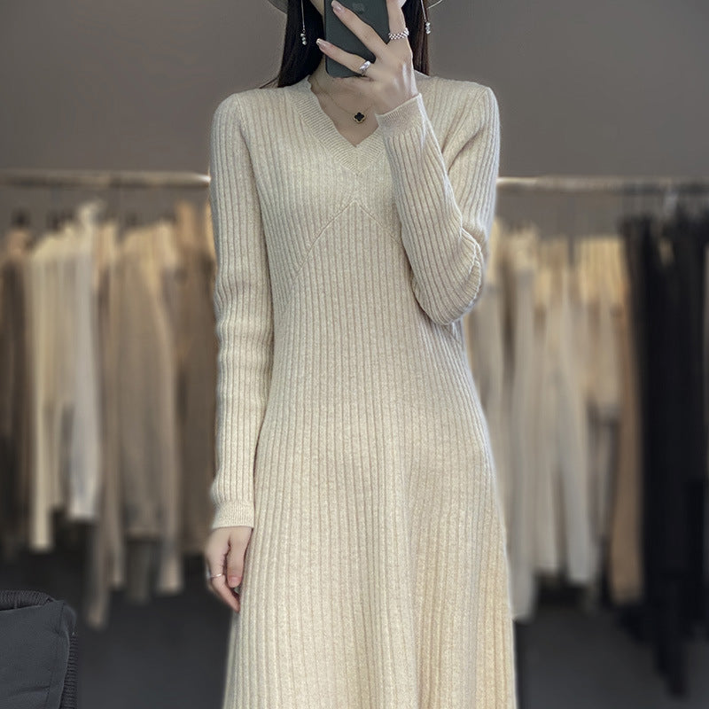 Women Long Ribbed Knit Midi Dress with Tailored Silhouette and A-Line Skirt Mune Fashion