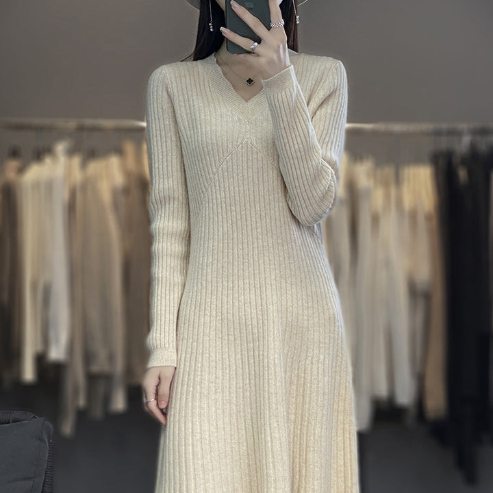 Women Long Ribbed Knit Midi Dress with Tailored Silhouette and A-Line Skirt Mune Fashion