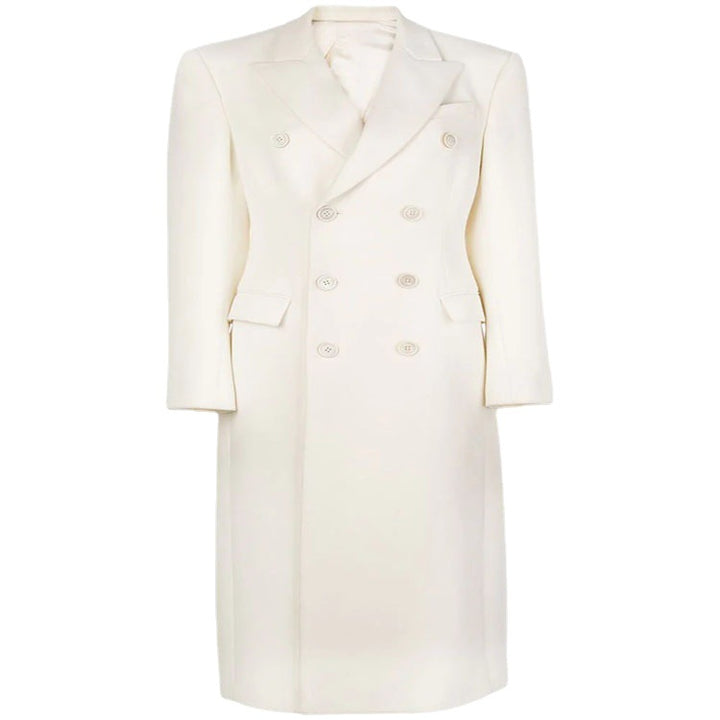 Women Slim fit double-breasted wool blend long coat with distinctive shoulder Mune Fashion