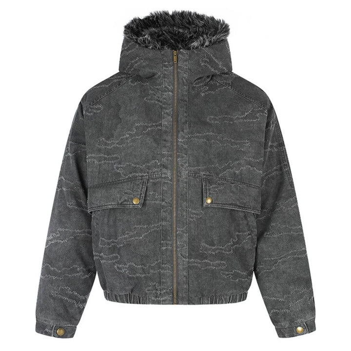 Women Padded Hooded Bomber Jacket with Faux Fur Trim, Camouflage Effect and Elastic Hem Mune Fashion