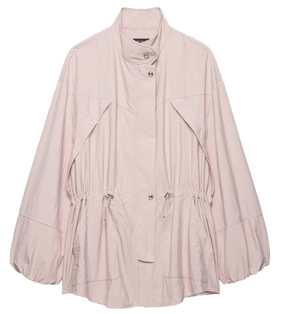 Women's Lightweight Oversized Utility Jacket with Drawstring Waist, Stand Collar and Balloon Sleeves Mune Fashion