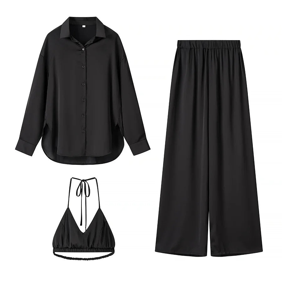 Ladies' elegant three-piece set oversize shirt high waist wide leg trousers and halter crop top Mune Fashion