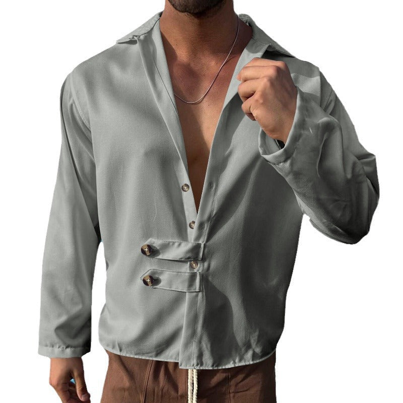 Men's Elegant Shirt with Innovative Button Design and Deep V-Neck Mune