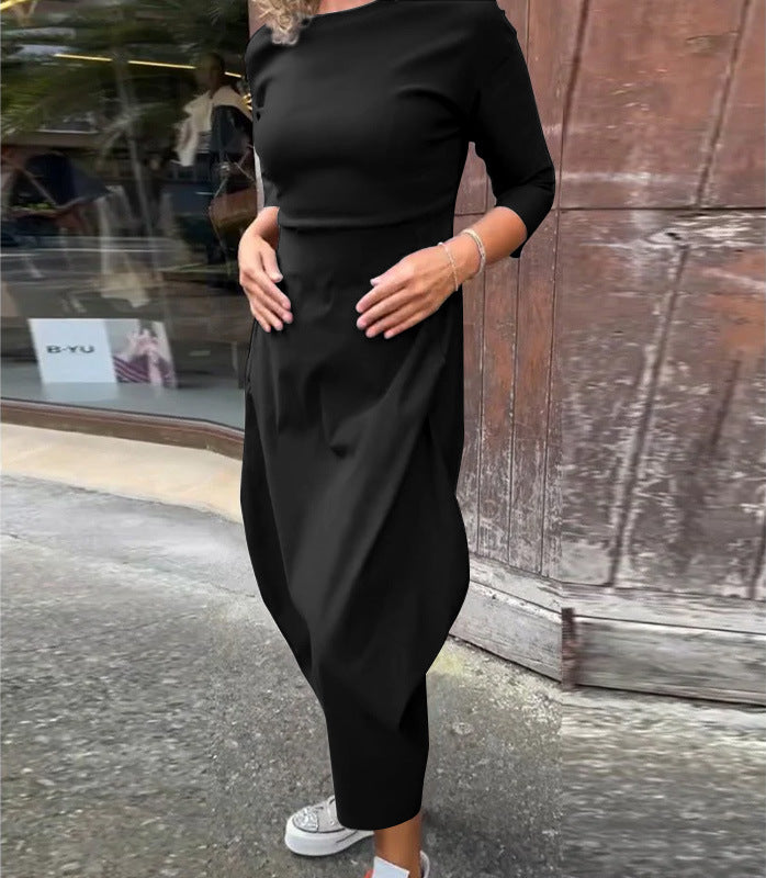 Women Simple Midi Dress with Boat Neck, Tailored Fit and Tulip Skirt Detail Mune Fashion