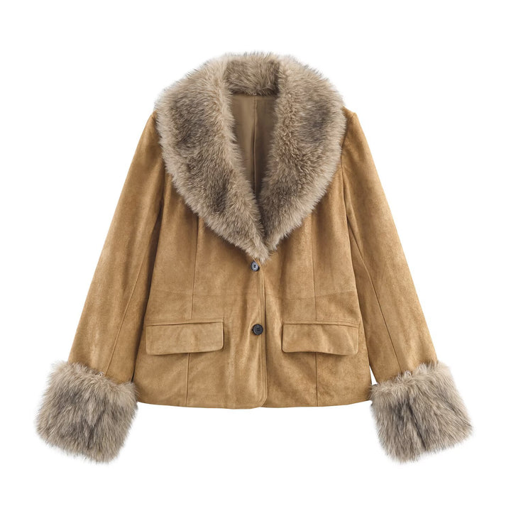 Women's short jacket made of faux suede with voluminous faux fur collar and fur cuffs Mune Fashion