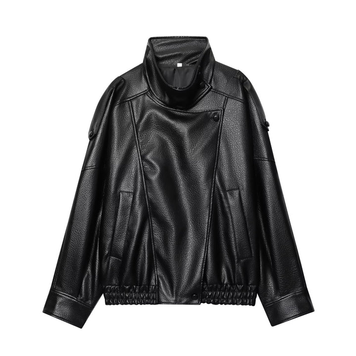 Women's cropped leather blouson with high stand collar, boxy silhouette, and voluminous sleeves Mune Fashion