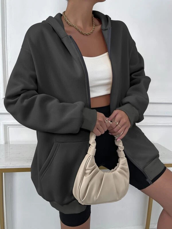 Women oversized zip hoodie with extended hem soft fleece lining and kangaroo pockets Mune Fashion