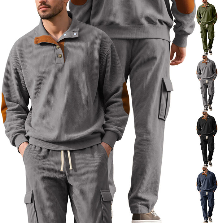 Men's structured turtleneck pullover with stand-up collar, press stud placket, and velour elbow patches Mune Fashion