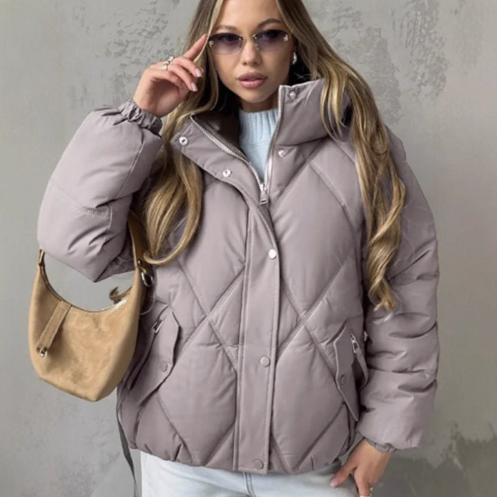 Women's Quilted Diamond-Quilted Puffer Jacket with Hood and Concealed Zipper Mune Fashion