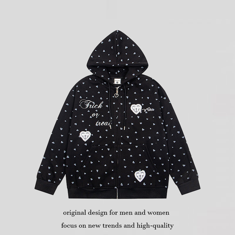 Women's hoodie sweat jacket with full-length zipper, all-over heart print and statement embroidery Mune Fashion