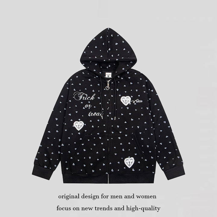 Women's hoodie sweat jacket with full-length zipper, all-over heart print and statement embroidery Mune Fashion