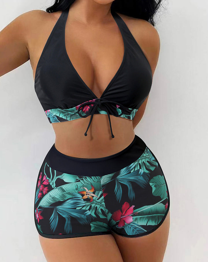 Ladies Sporty Crop Top Bikini Set with Floral Print Mune Fashion
