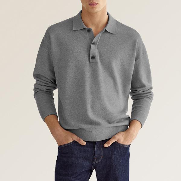 Men's fine knit polo sweater with long sleeves, ribbed cuffs, and subtle button placket EB