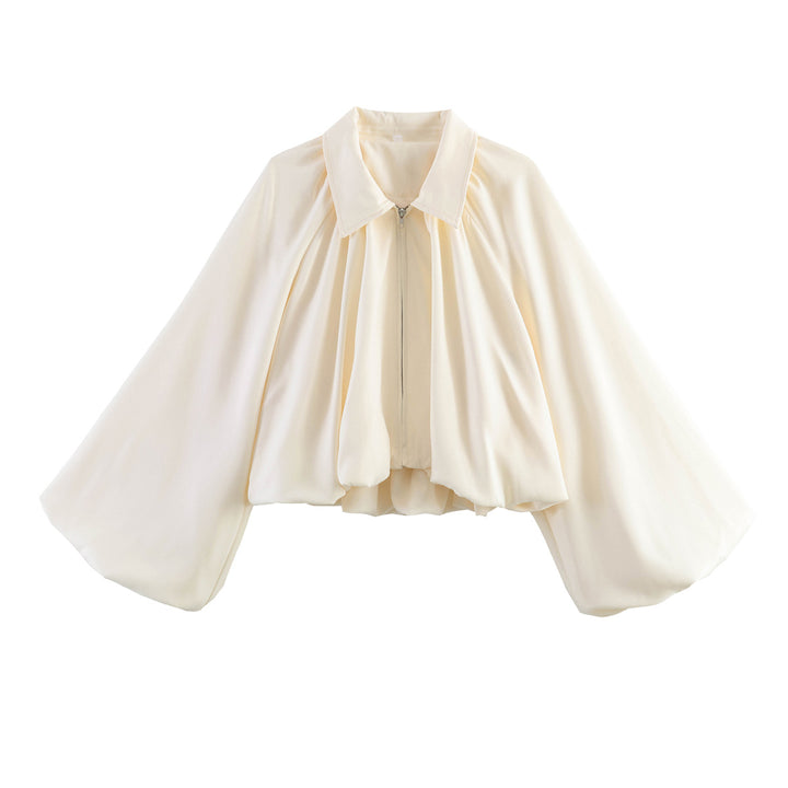 Women’s Short Cape Jacket with Voluminous Balloon Sleeves, Stand Collar and Zip Mune Fashion