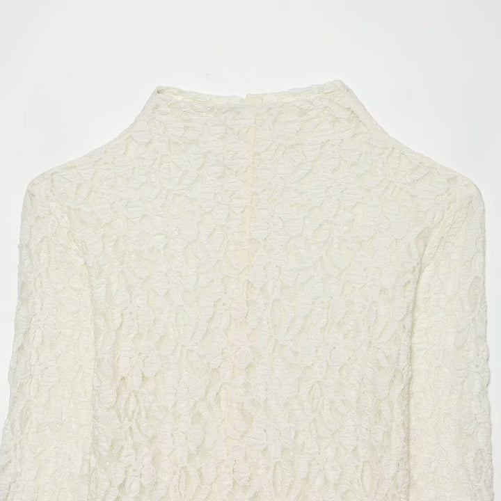 Women's Fine Lace Blouse with Floral Relief Pattern and Back Button Placket Mune Fashion