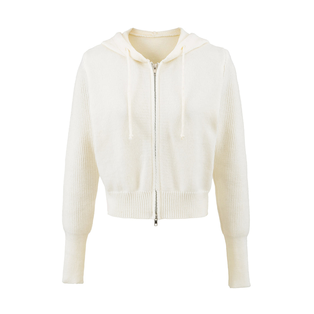 Women's Short Hooded Cardigan with Zipper and Fitted Ribbed Hem Mune Fashion