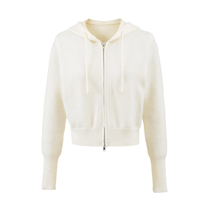 Women's Short Hooded Cardigan with Zipper and Fitted Ribbed Hem Mune Fashion