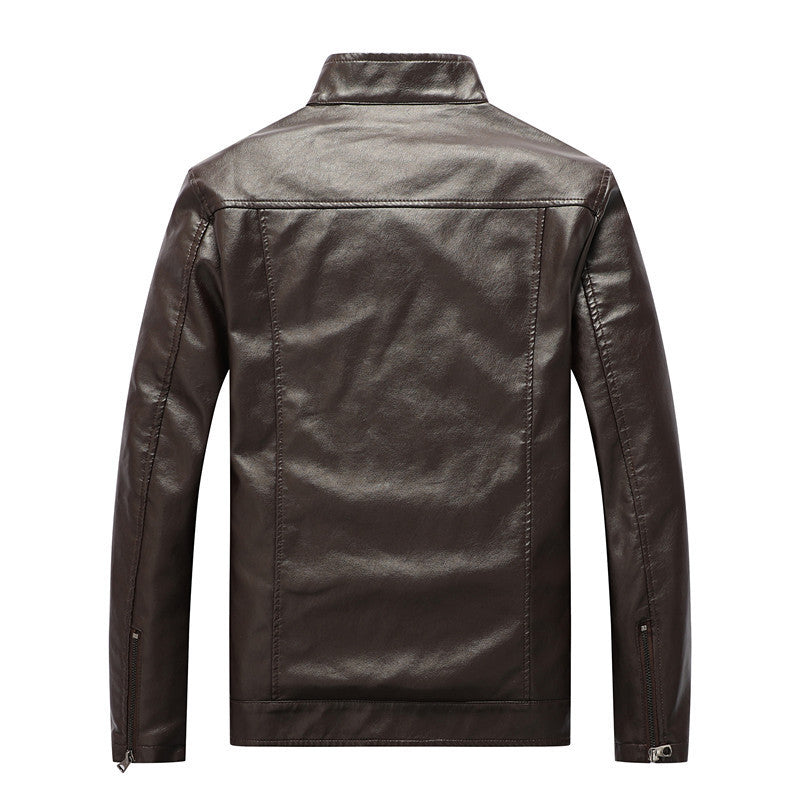 Men's slim artificial leather field blazer with stand-up collar, chest flap pockets, and zipper Mune Fashion