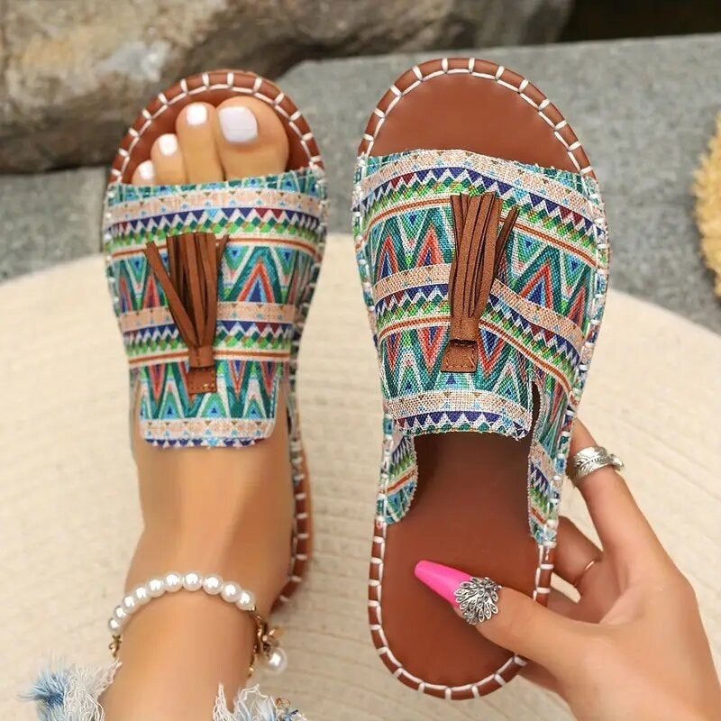 Women's Boho-Ethno-Tassel-Slides with Braided Sole and Padded Insole Mune Fashion