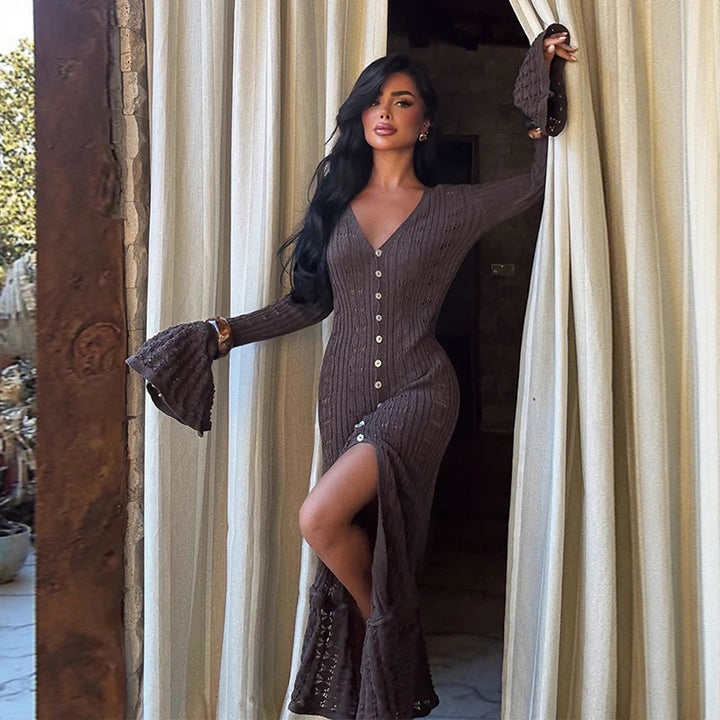 Women's figure-hugging knitted maxi dress with button placket, V-neck and trumpet sleeves Mune Fashion