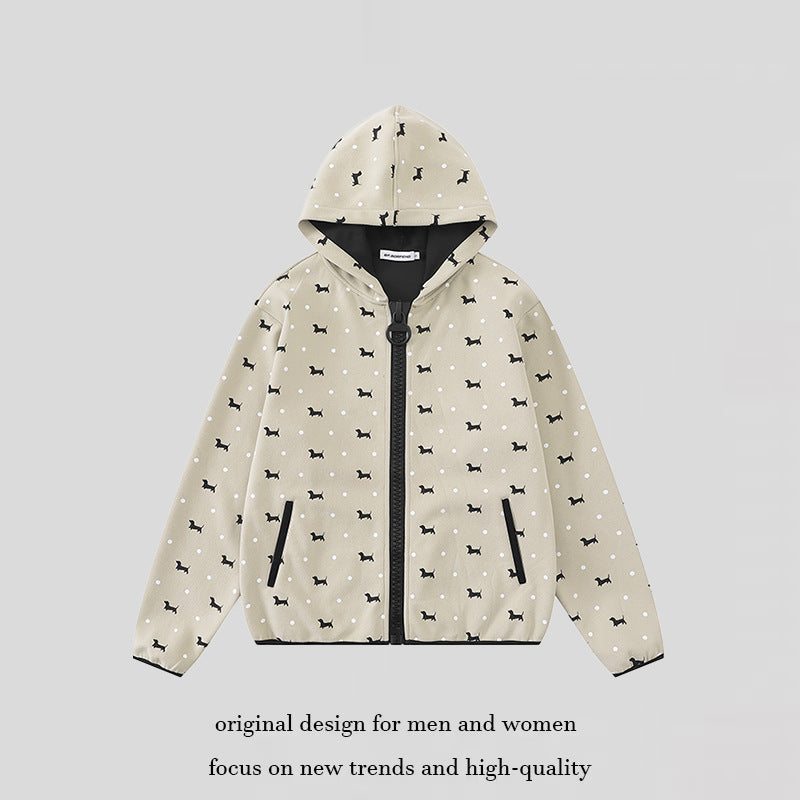Women Lightweight Hooded Zip Jacket with Dog Silhouette and Polka Dot Allover Mune Fashion