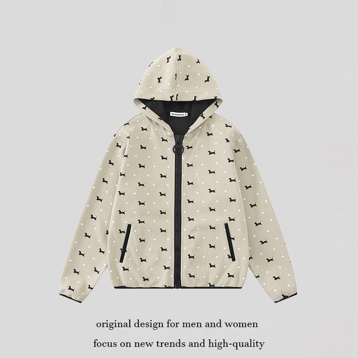 Women Lightweight Hooded Zip Jacket with Dog Silhouette and Polka Dot Allover Mune Fashion
