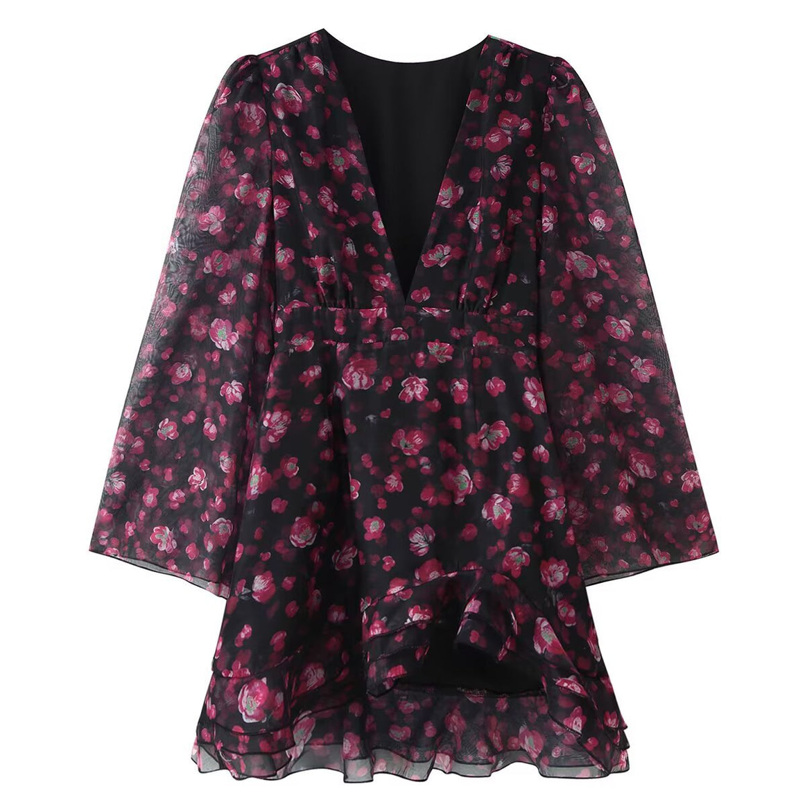 Women's Floral Chiffon Mini Dress with Deep V-Neck, Bell Sleeves and Tiered Ruffle Mune Fashion