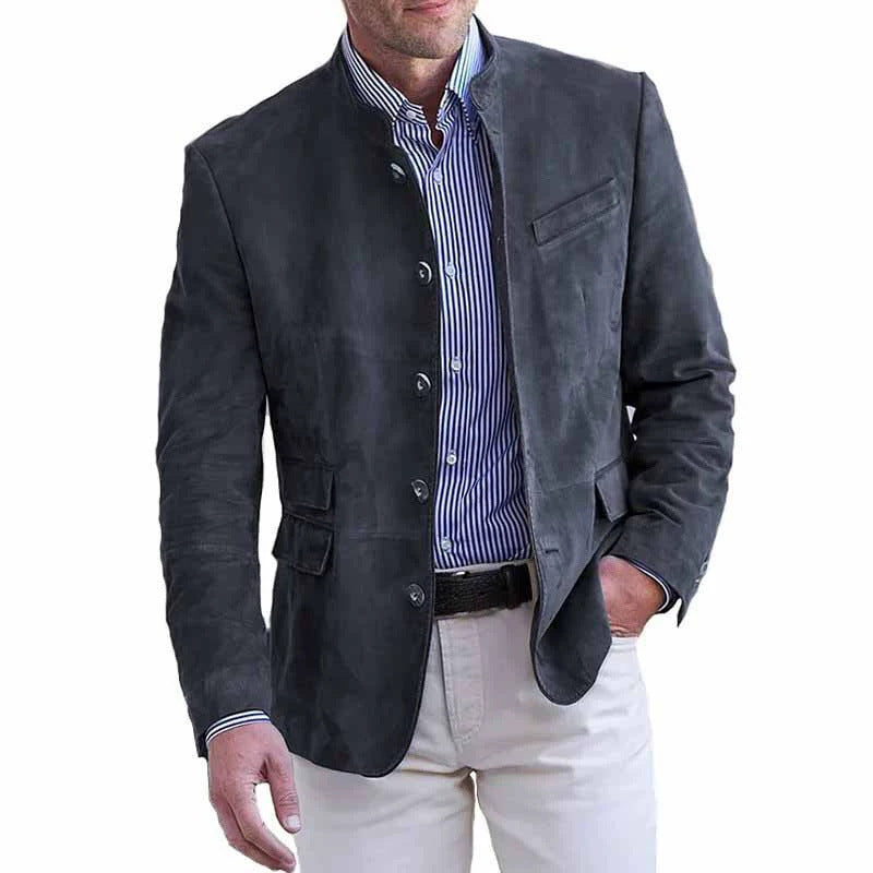 Men's Velour Leather Blazer with Stand Collar and Flap Pockets Mune Fashion