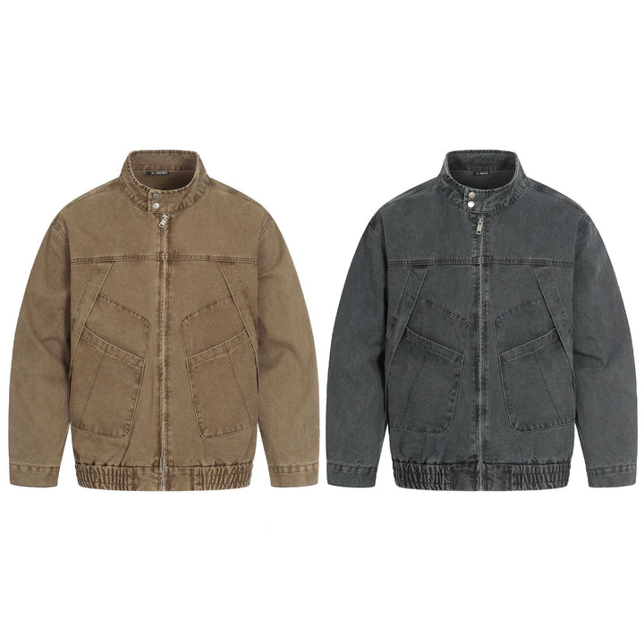 Men's short-cut field bomber in vintage canvas with stand-up collar and large flap pockets