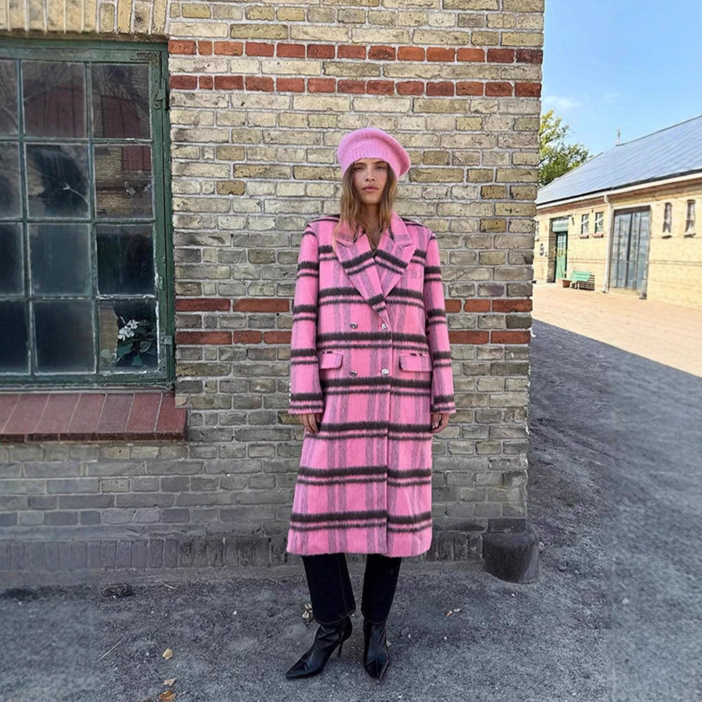 Women Mid-length checkered wool blend coat with double-breasted button placket and shawl collar Mune Fashion