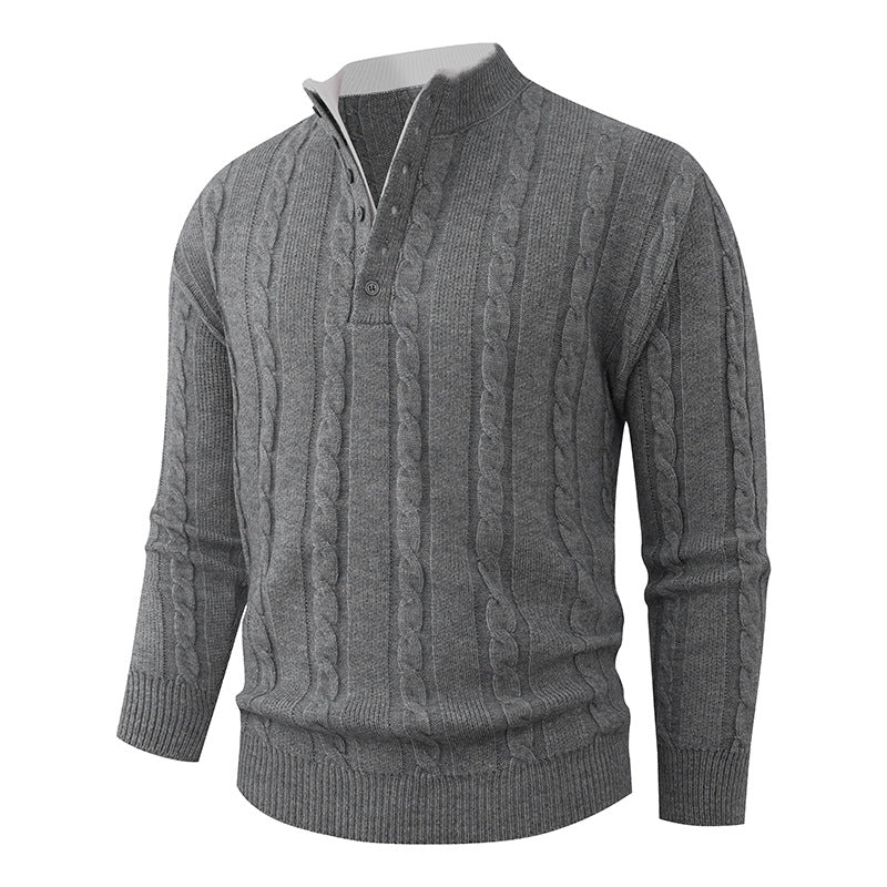 Men's Structured Cable Knit Sweater with Button Placket and Stand Collar Mune Fashion