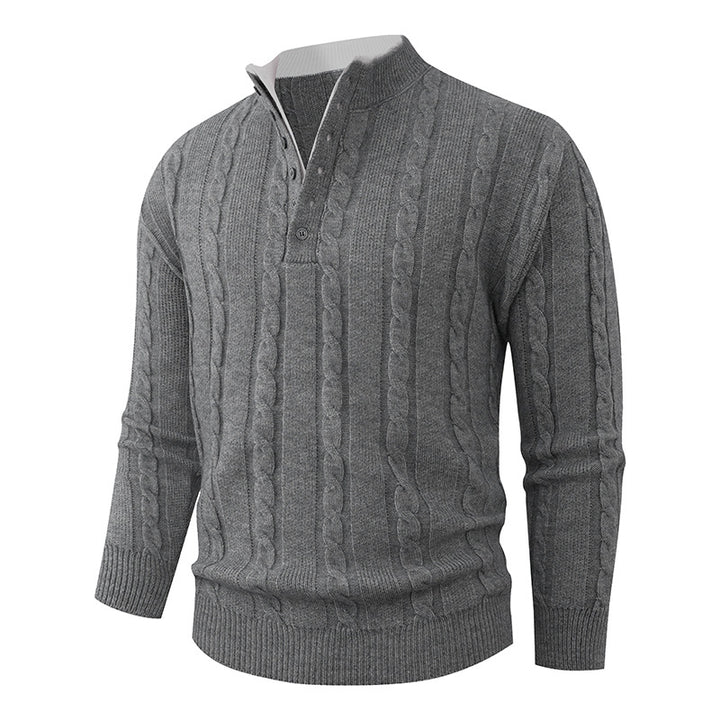 Men's Structured Cable Knit Sweater with Button Placket and Stand Collar Mune Fashion