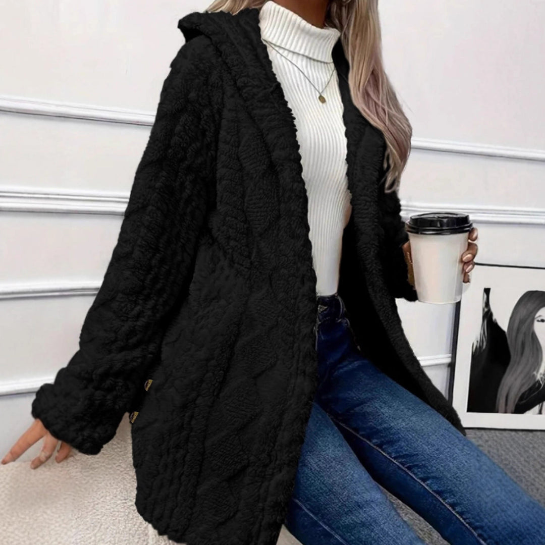 Women’s Oversized Knitted Coat with Hood, Jacquard Structure and Button Placket Mune Fashion