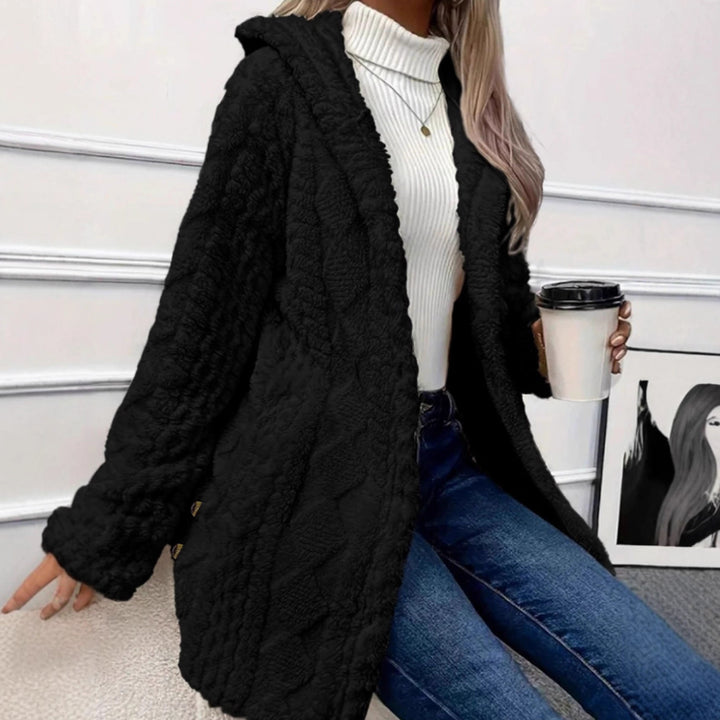 Women’s Oversized Knitted Coat with Hood, Jacquard Structure and Button Placket Mune Fashion