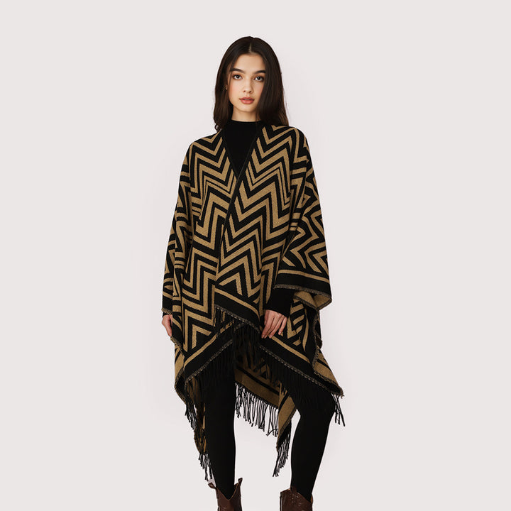 Women's Rectangular Zigzag Wool Blend Wrap with Fringe Hem and Open Fall Mune Fashion
