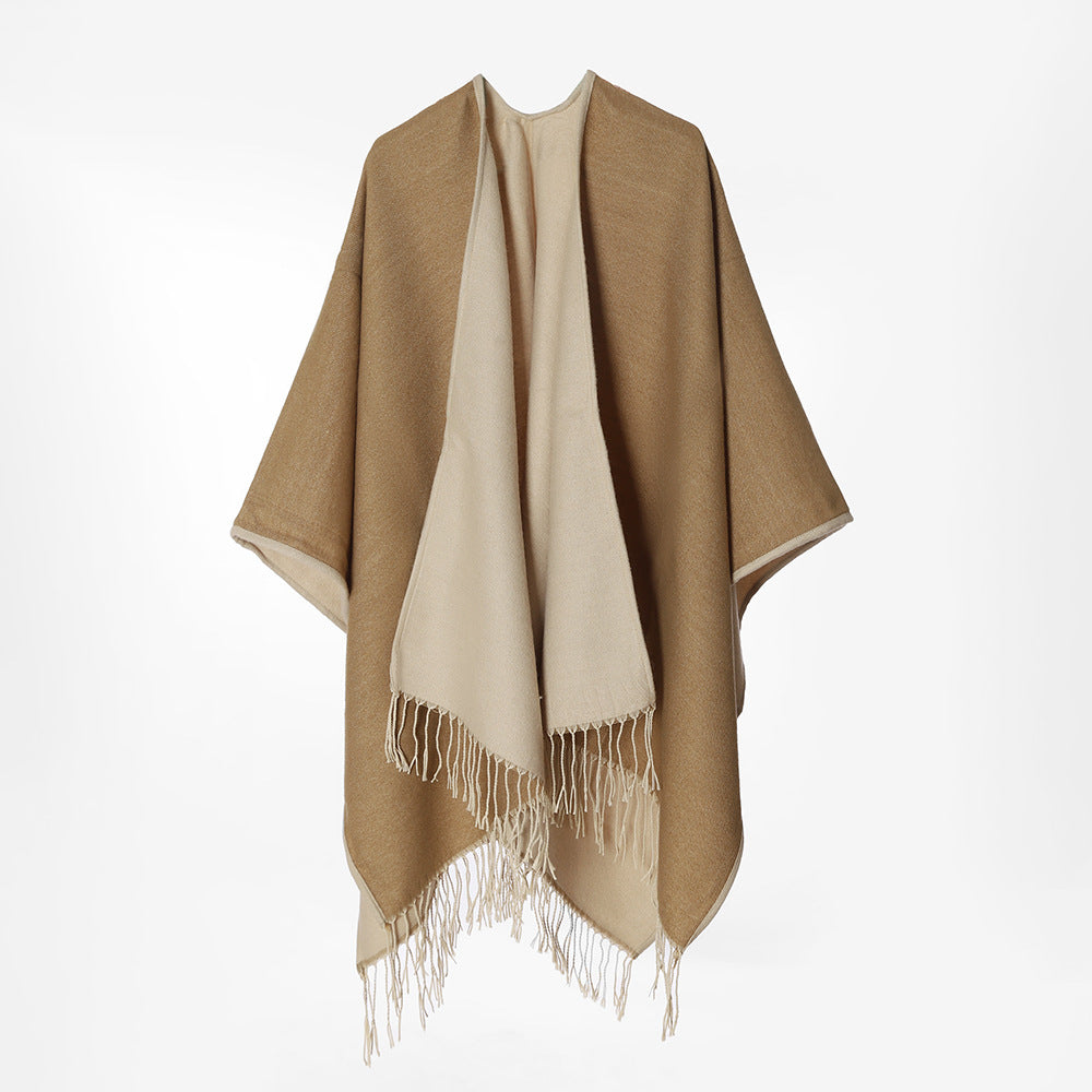 Women Two-Layer Oversized Cape with Fringes and Open Waterfall Cut Mune Fashion