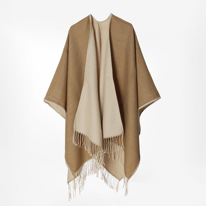Women Two-Layer Oversized Cape with Fringes and Open Waterfall Cut Mune Fashion