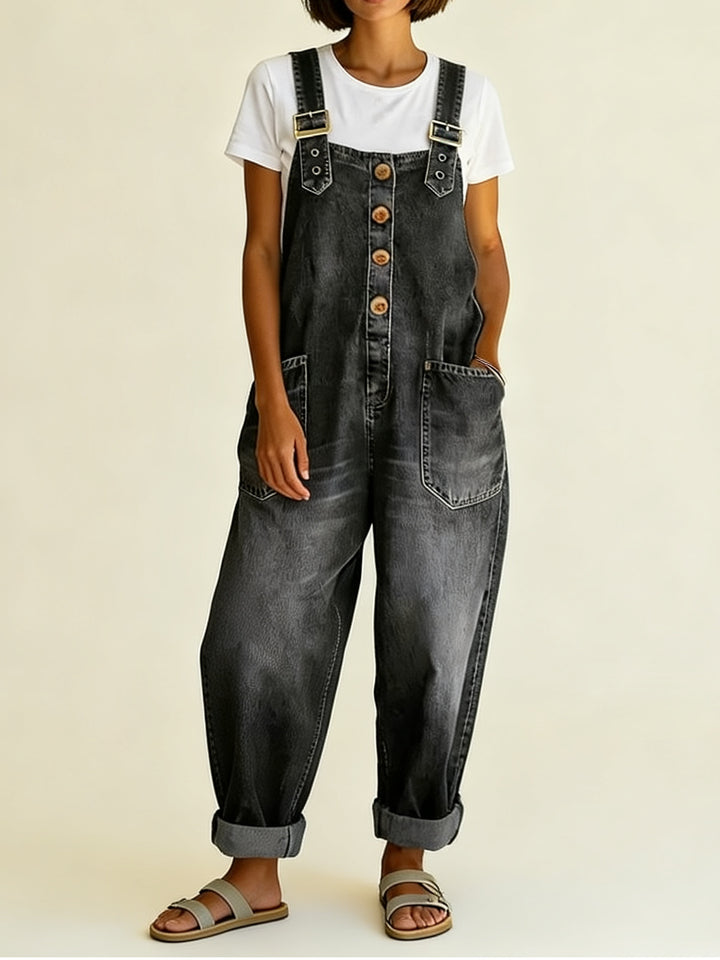 Women's Wide Denim Dungarees with Button Placket, Adjustable Straps and Patch Pockets Mune Fashion