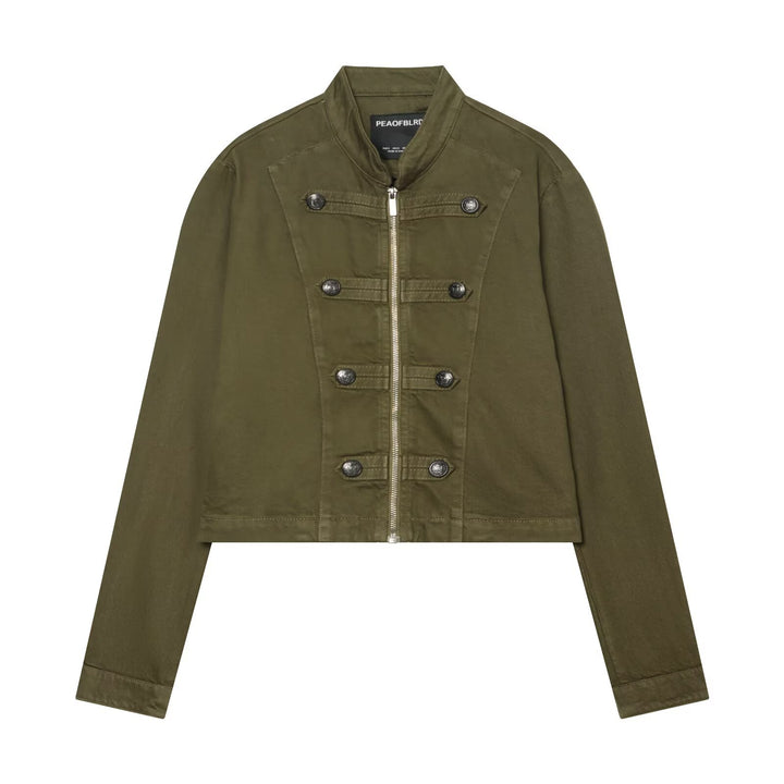 Women's Short Military-inspired Jacket with Stand Collar, Decorative Button Plackets and Full Zip Mune Fashion