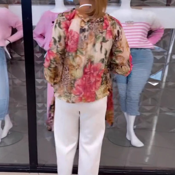 Women's light satin blouse with animal and floral print, ruffled collar, V-neck and cuffed sleeves Mune Fashion