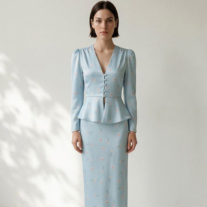 Women's Two-Piece Tailored Blouse and Maxi Skirt Set with V-Neck and Button Details Mune Fashion